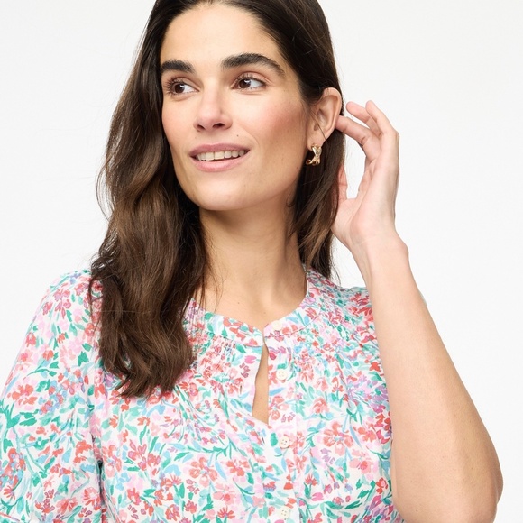 New JCREW Size L Linen Blend Short Sleeve Smock Neck Top $79 CI095 - Picture 3 of 7